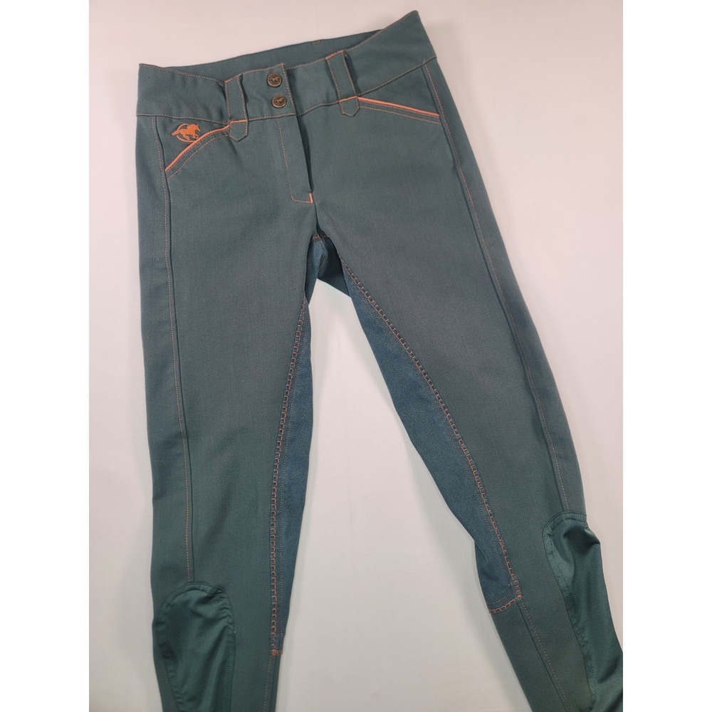 Piper by SmartPak Riding Breeches 24R Green Orange Contrast Stitch Equestrian